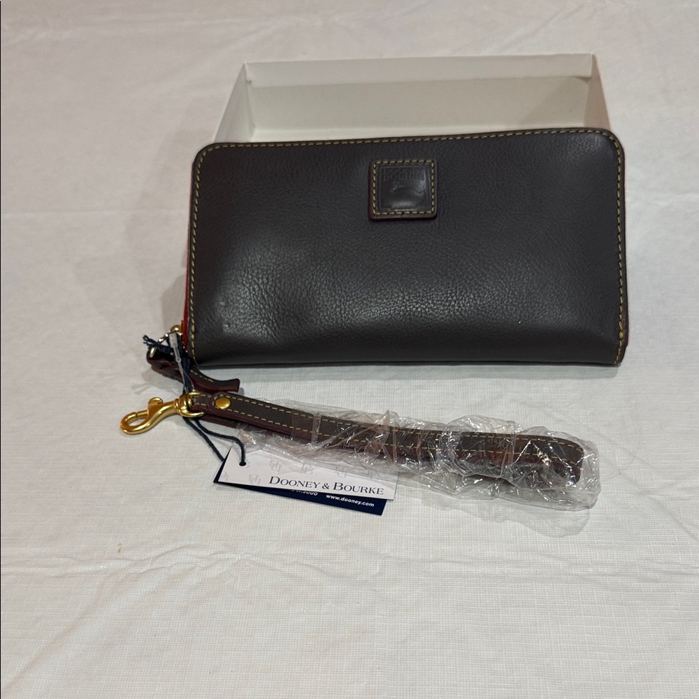 Dooney & Bourke Brown Leather Zip Wallet with Removable Wrist Strap